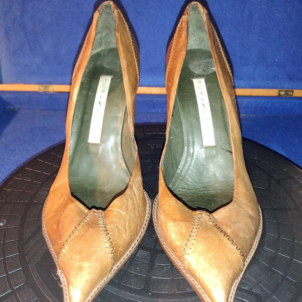 Pura Lopez Pointy Toe Carmel Leather 3-1/2 In. High Heels Sz, 37-EU, 6.5-US